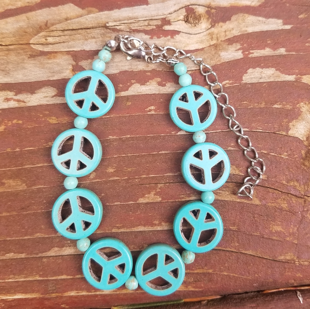 Peace Sign Necklace & Bracelet Set - Turquoise - Picture 7 of 7